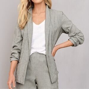 EILEEN FISHER Organic Cotton Linen Blend Open Front Jacket Black White Stripe XL